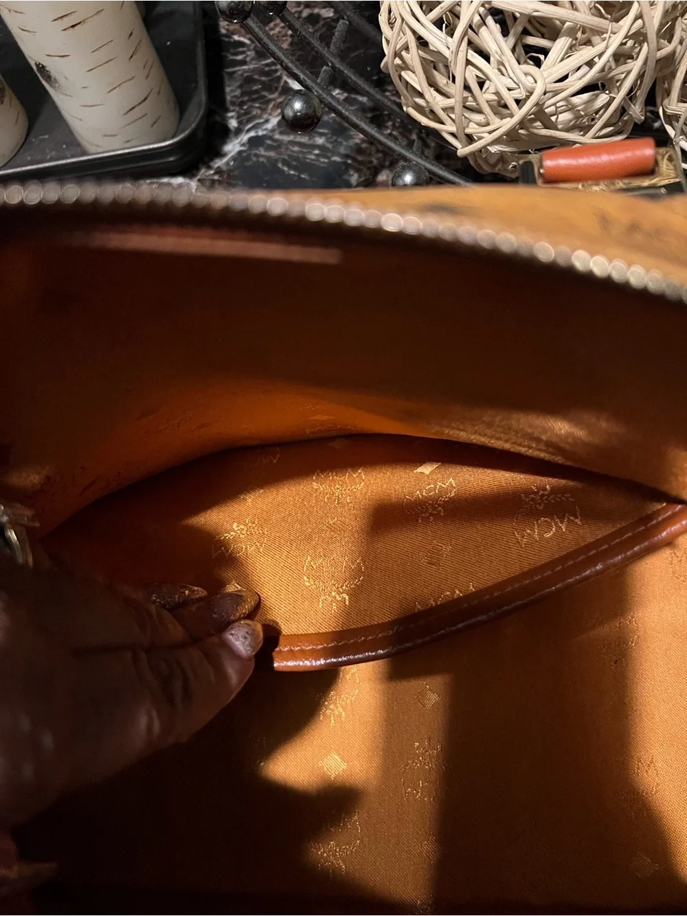 MCM Cognac Visetos Barrel Duffel with Tan Handles like a speedy 35